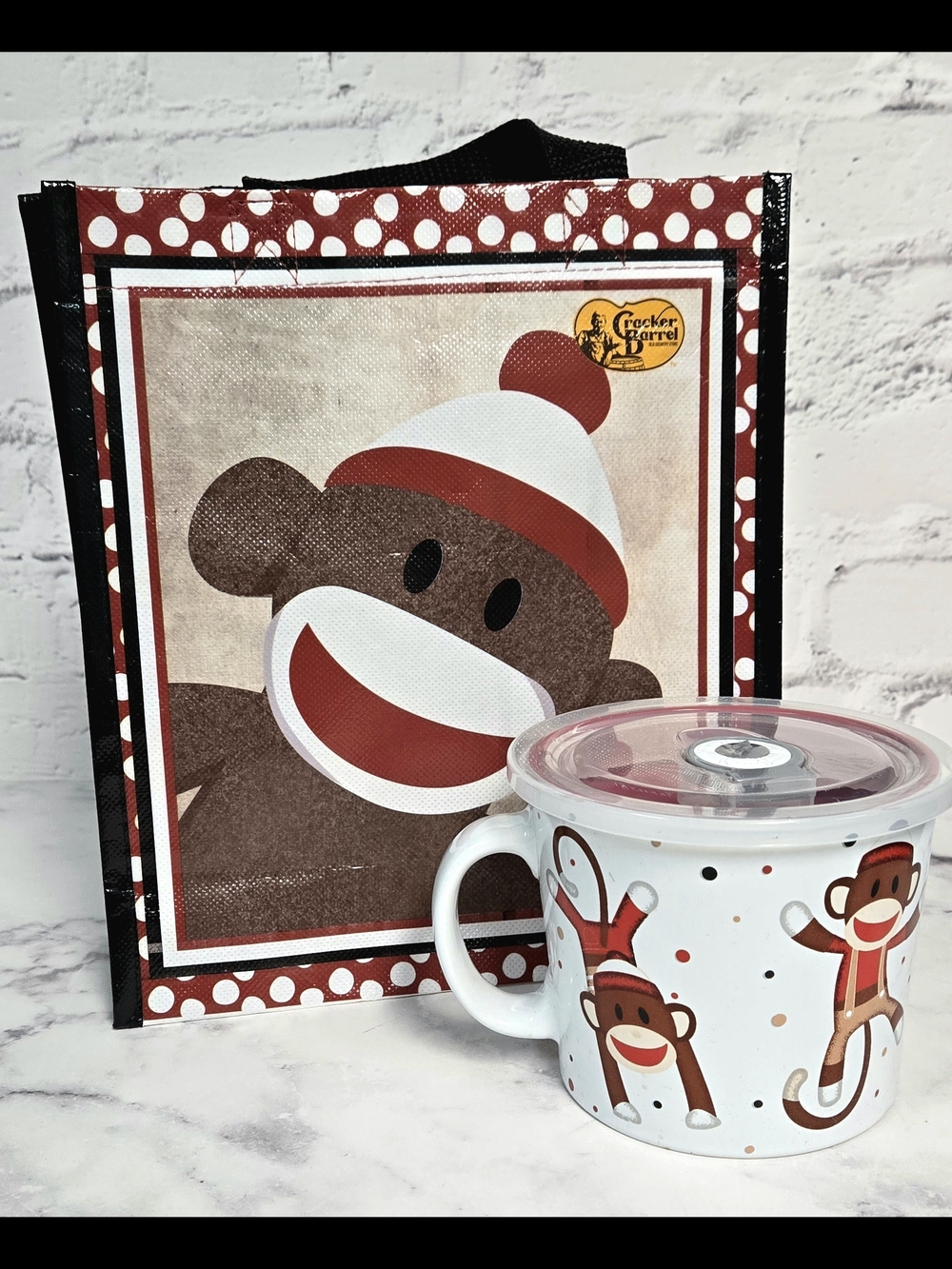 Cracker Barrel Sock Monkey Tote & Matching Mug - Red, White, Brown